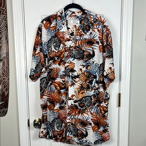 NWT Jekaoyi white, burnt orange, black leaves camp shirt XL. Button down
